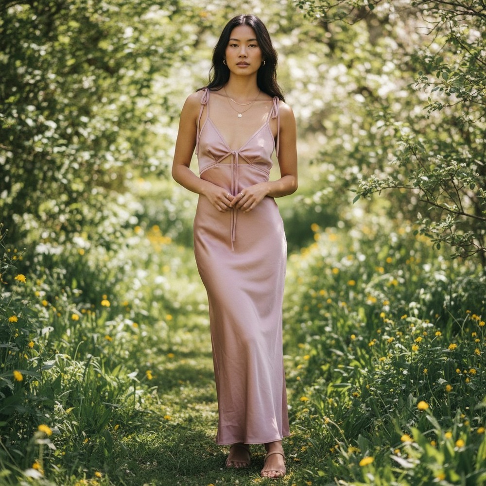 Zara Maxi Dress Womens Small Pink Satin Slip V-Neck Tie Front Open Back Evening